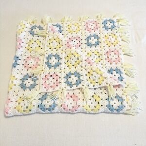 Granny Square Afghan Crochet Baby Blanket Handmade Pink Blue Yellow 41"x46"